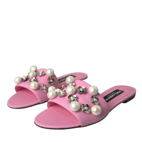 Dolce & Gabbana Dolce & Gabbana Pink Embellished Leather Flats Sandals Shoes
